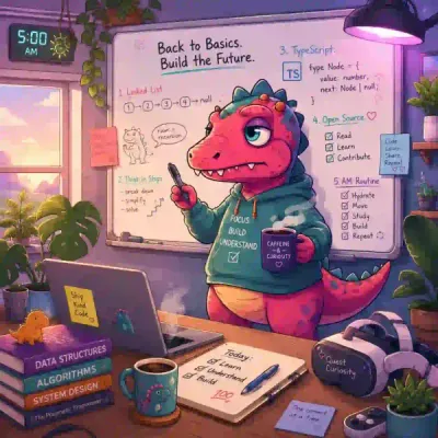 A pink dinosaur in a hoodie studies programming at 5 AM, surrounded by notes, books, and a laptop. A whiteboard displays coding topics.