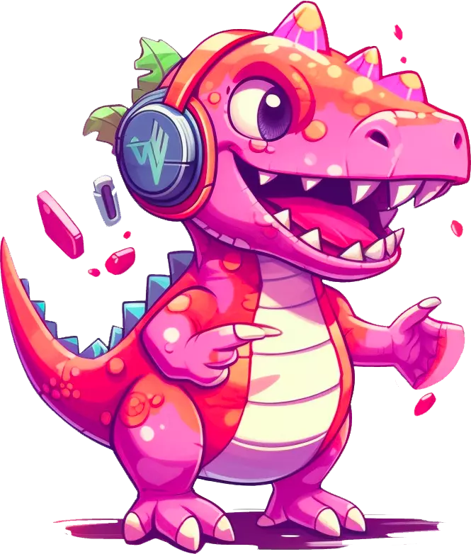 dino with headphones on